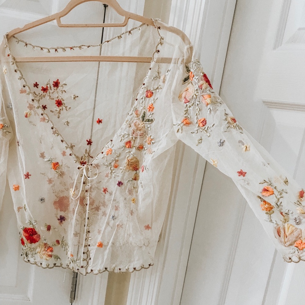 Vintage embroidered front tie sheer top
